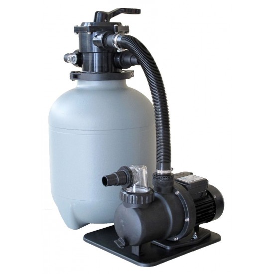 OKU® Trinidad liivafilter pump, mis on mõeldud basseinide ja veeteede filtreerimiseks, näidates selle kompaktset disaini ja ühenduselemente